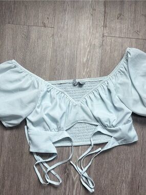 Light Blue Off-Shoulder Tie-Front Crop Top